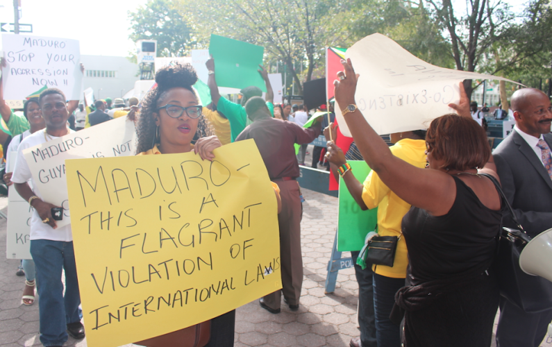 Guyanese shout “not one blue sackie” at UN protest against Venezuela at